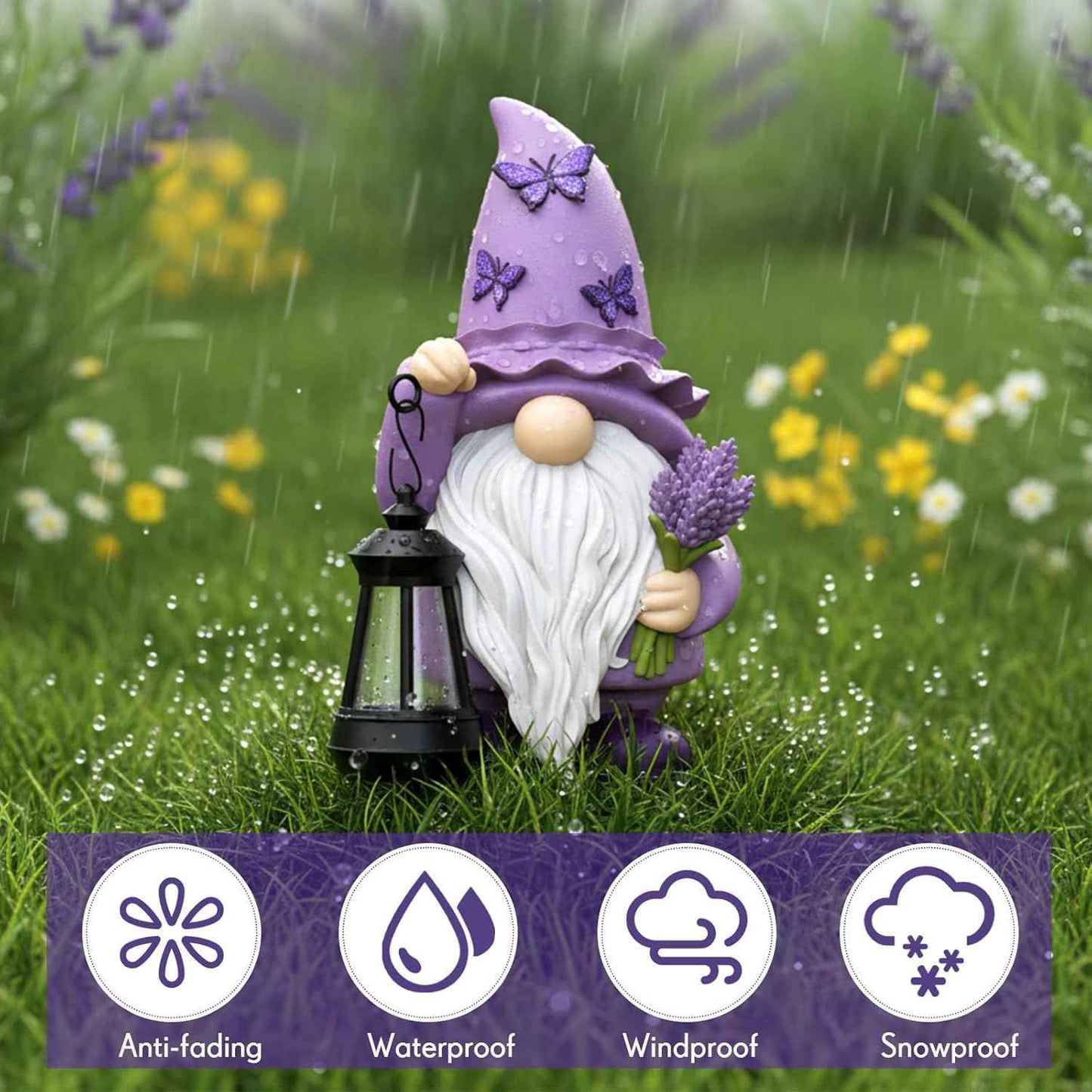 Capoda Solar Spring Gnome Statue 8" Garden Resin Gnome Figurine Holding Lantern with Solar LED Lights Decorations for Table Outdoor Yard Patio Lawn Porch Decor (Lavender)