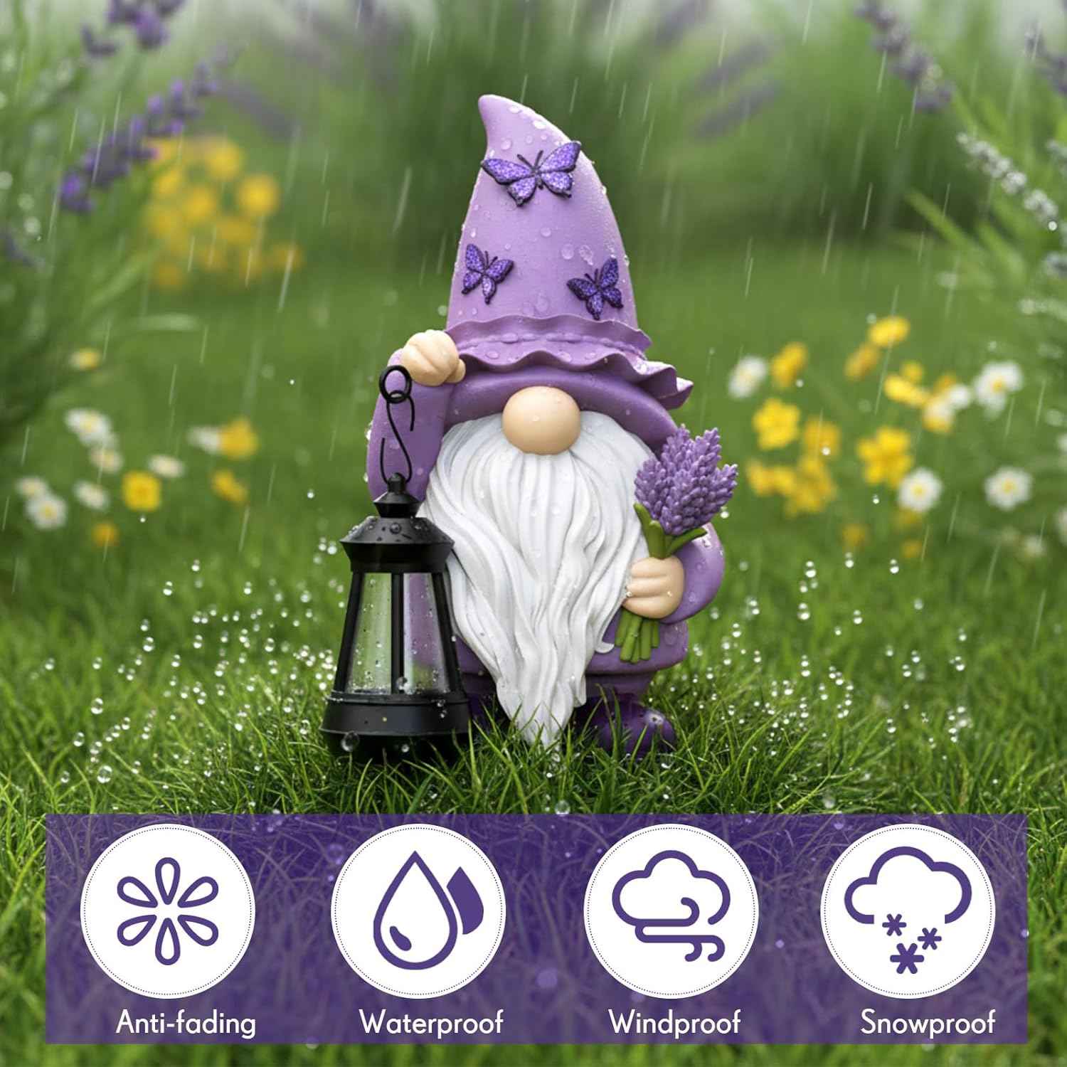 Capoda Solar Spring Gnome Statue 8" Garden Resin Gnome Figurine Holding Lantern with Solar LED Lights Decorations for Table Outdoor Yard Patio Lawn Porch Decor (Lavender)