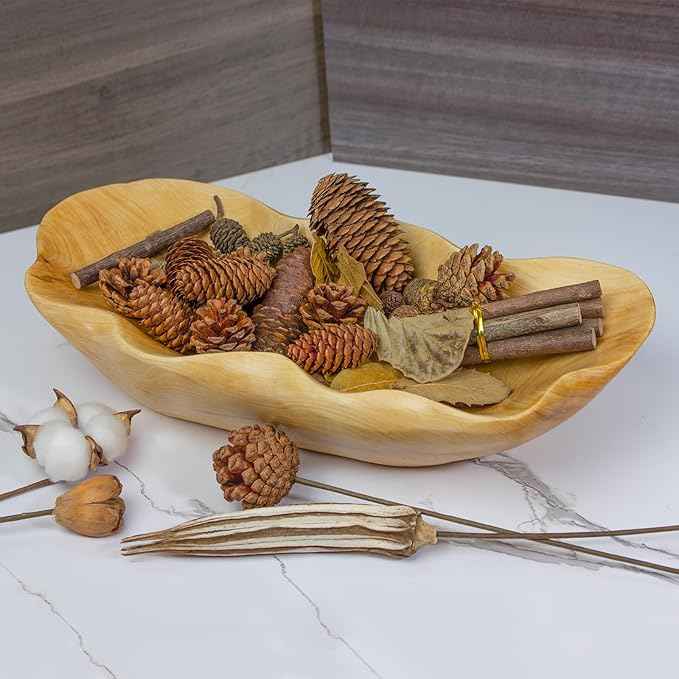 BTEOBFY Wooden Fruit Bowl Handcrafted Wood - Natural Fruit Basket for Kitchen Counter Display, Decorative Bowl for Apples, Oranges, Pineapples (15 Inch)
