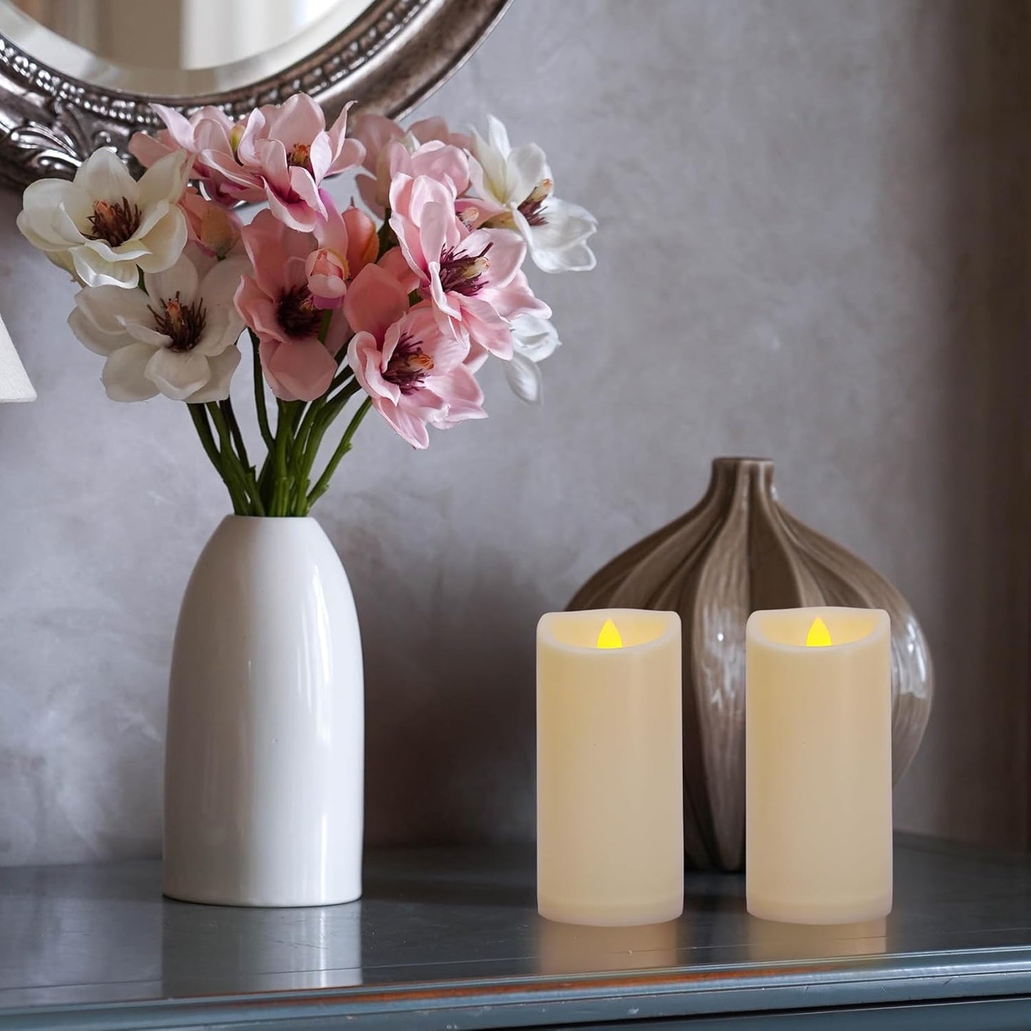 Large Outdoor Waterproof Flameless Candles with Remote and Timers, Battery Operated LED Flickering Pillar Candles, Long-Lasting, Ivory Plastic, D 4" x H 6", 1 Pack