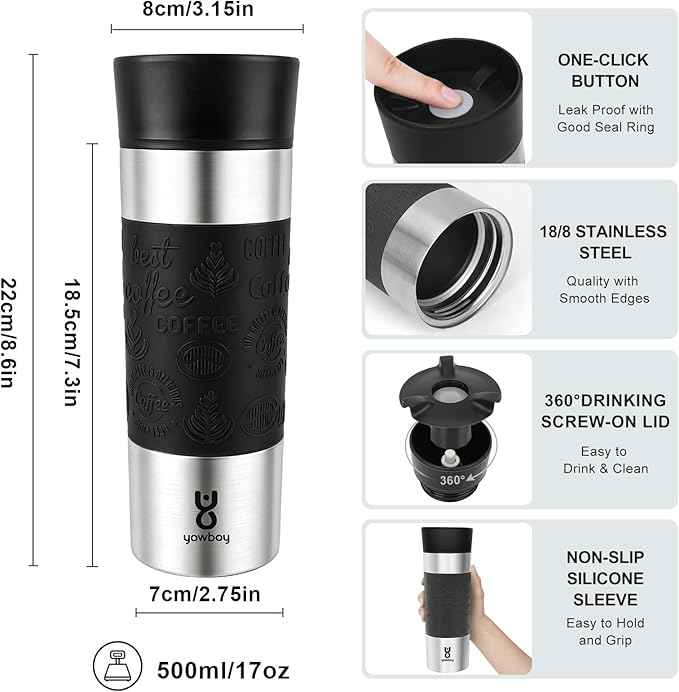 Travel Coffee Mug with 360°Lid, Travel Coffee Tumbler 16 oz Leak Proof, Stainless Steel Insulated Travel Mugs for Hot and Cold Spill Proof Leak Proof(Black)