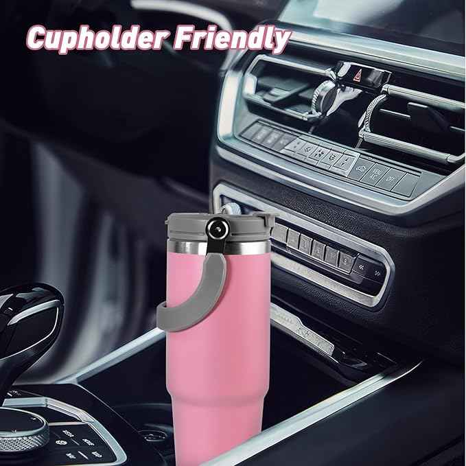 30 oz Tumbler with Handle and Straw Lid, Double Walled Vacuum Insulated Water Bottle Leakproof Tumbler Travel Coffee Mug Thermal Cup, Cupholder Friendly for Office, Home, Sport, Pink