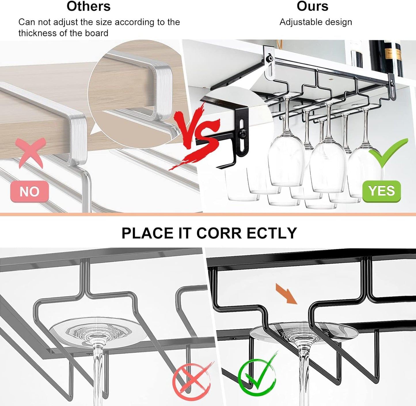 AUHOKY 2Pcs Adjustable Wine Glass Rack Under Cabinet, Punch-Free 3 Rows Stemware Metal Holder, Hanging Glass Storage Hanger Organizer for Shelf Kitchen Bar Decor (3 Rows, Black)