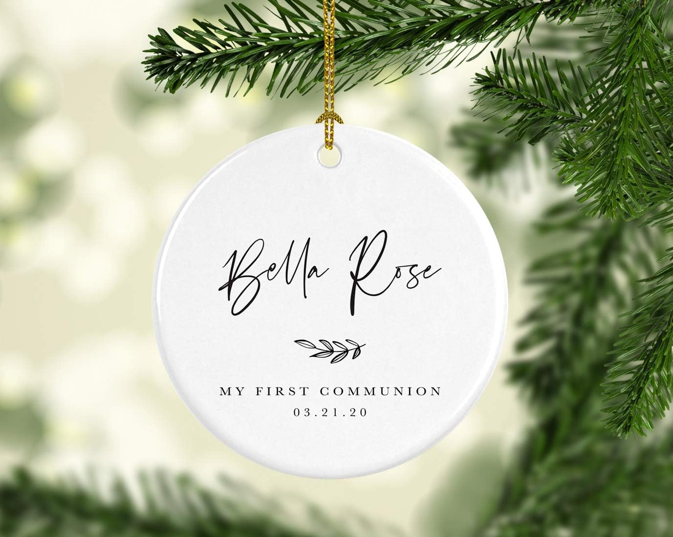 Andaz Press Personalized Round Ceramic Porcelain Christmas Tree Ornament Engagement Collectible Gift for Baby, Ava Marie Carter My First Communion 03.21.20, Antique Handdrawn, 1-Pack