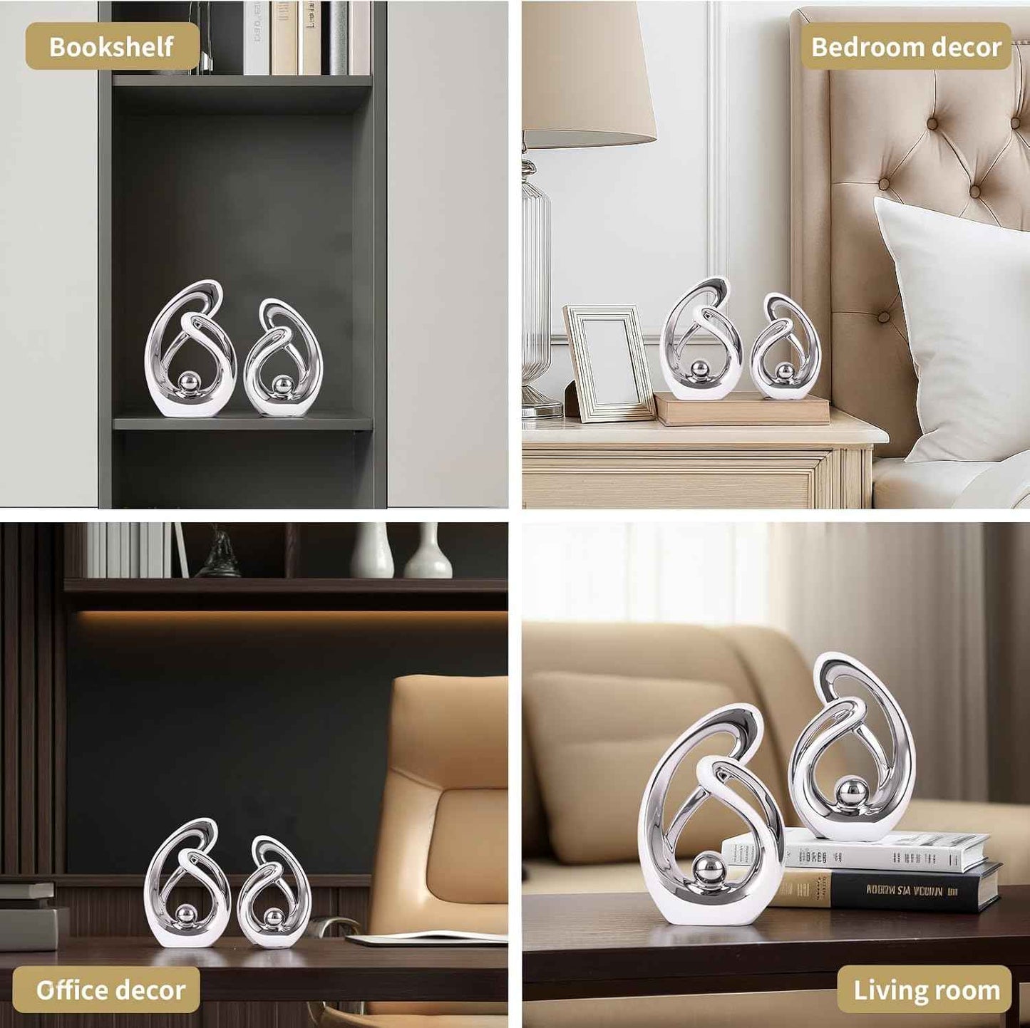 Abstract Ceramic Statue Set of 2, White and Silver Home Decor, Modern Art Living Room Decor, Room Accessories tv cabinets Bookshelves dividers Dining Table centerpieces, Foyer Entry Decor.