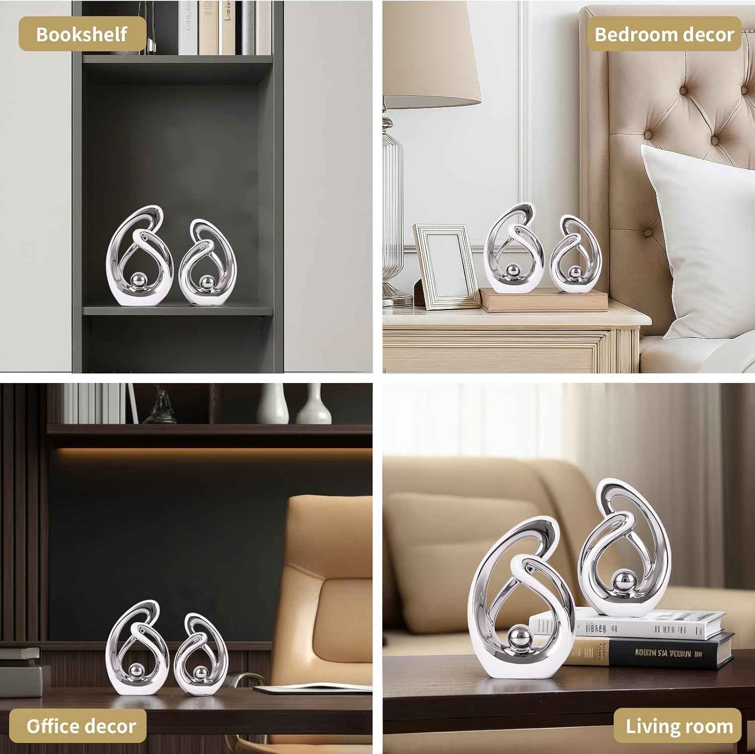 Abstract Ceramic Statue Set of 2, White and Silver Home Decor, Modern Art Living Room Decor, Room Accessories tv cabinets Bookshelves dividers Dining Table centerpieces, Foyer Entry Decor.
