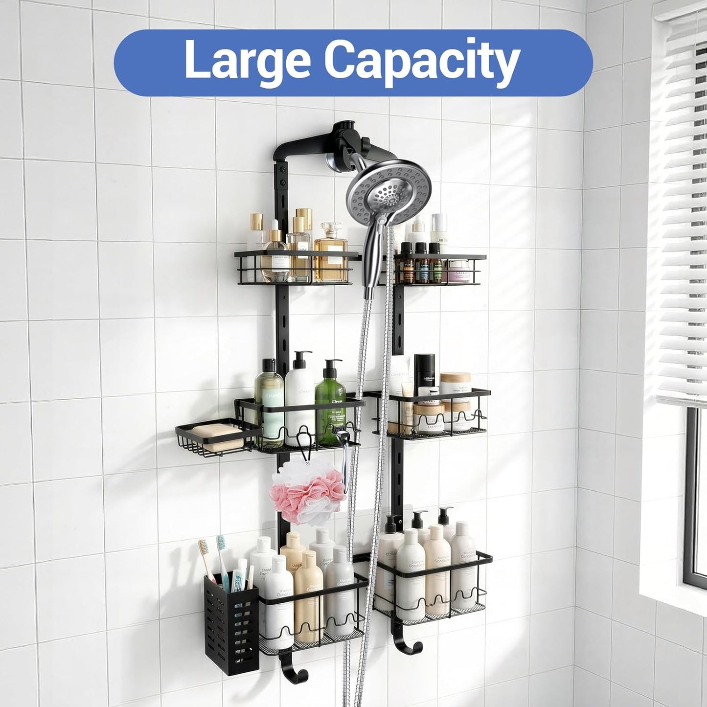 Extra Large Shower Caddy Hanging, Rust-Resistant Shower Organizer Hanging, 3 Tier Height-Adjustable Over the Head Caddy, Rack with Soap Basket (Black)