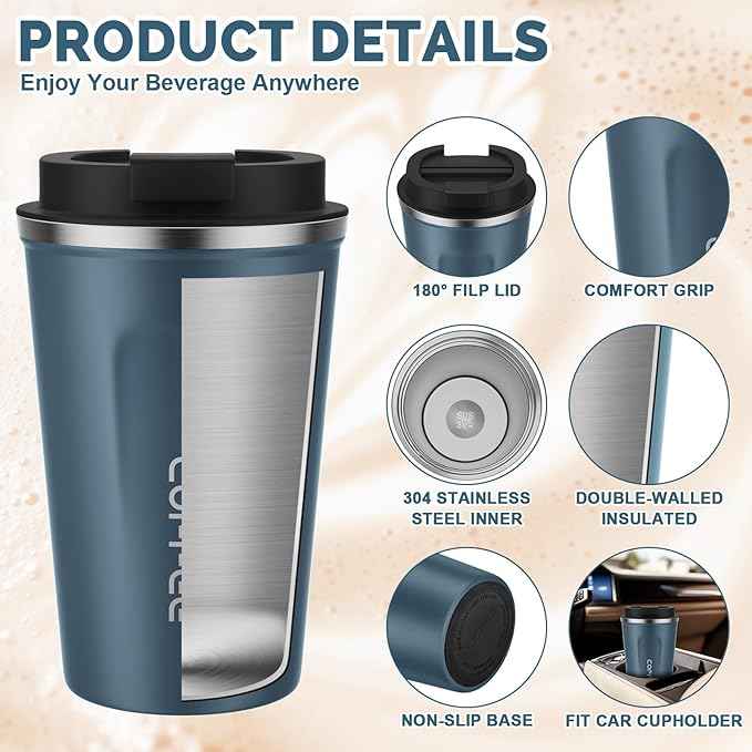 MOMSIV 12oz Travel Mug, Insulated Coffee Cup with Leakproof Lid, Vacuum Stainless Steel Double Walled Reusable Tumbler for Hot and Cold Water Coffee and Tea In Travel and Car Blue