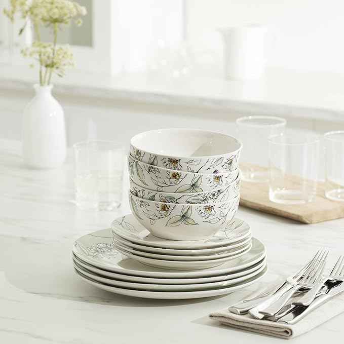 Oneida Dinnerware Set, Botanica 12-Piece Dinnerware Set, Service For 4, Porcelain Material, Dishwasher And Microwave Safe, Bowls, Plates And Bowls, Dinner Dishes, Plates, Home (White, 12 Piece)