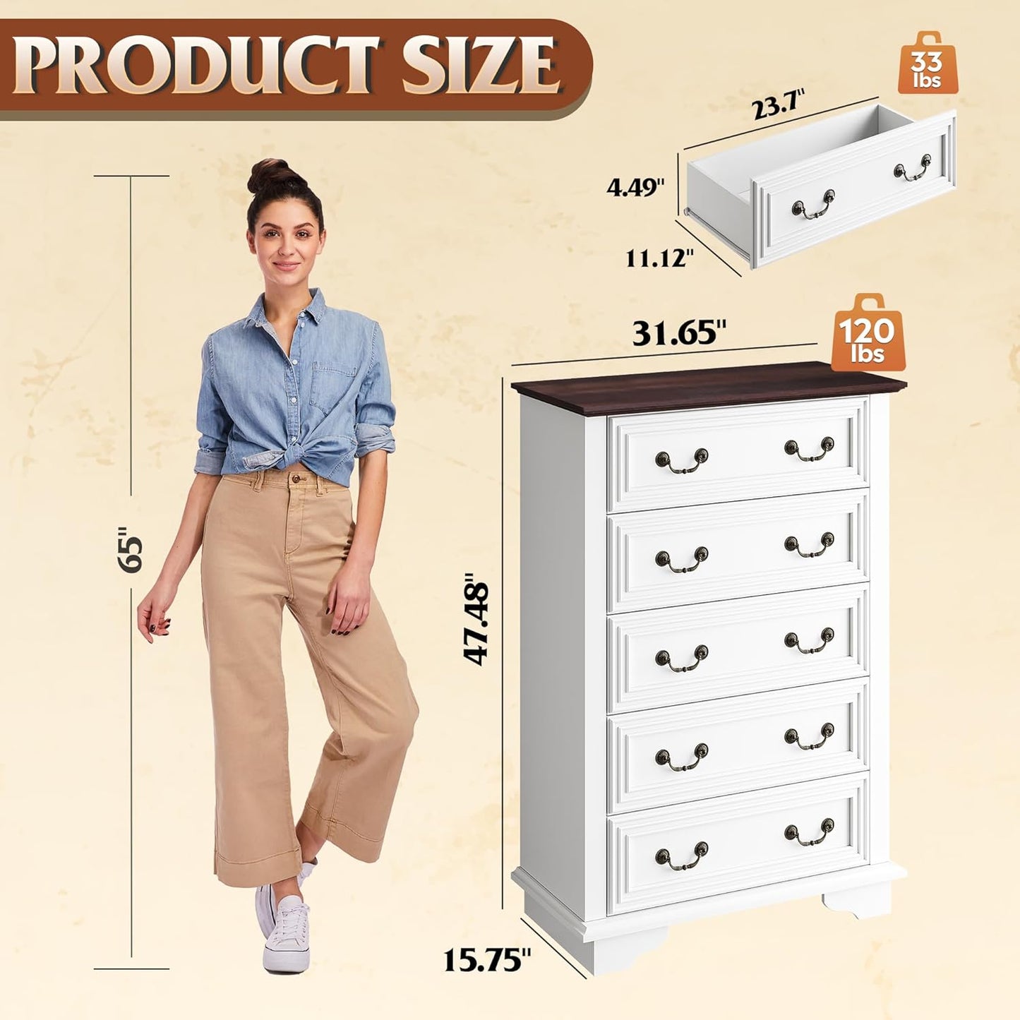 WLIVE Farmhouse Dresser for Bedroom, Wood Dresser with 5 Drawer, Chest of Drawers with Roman Metal Handle for Living Room, White