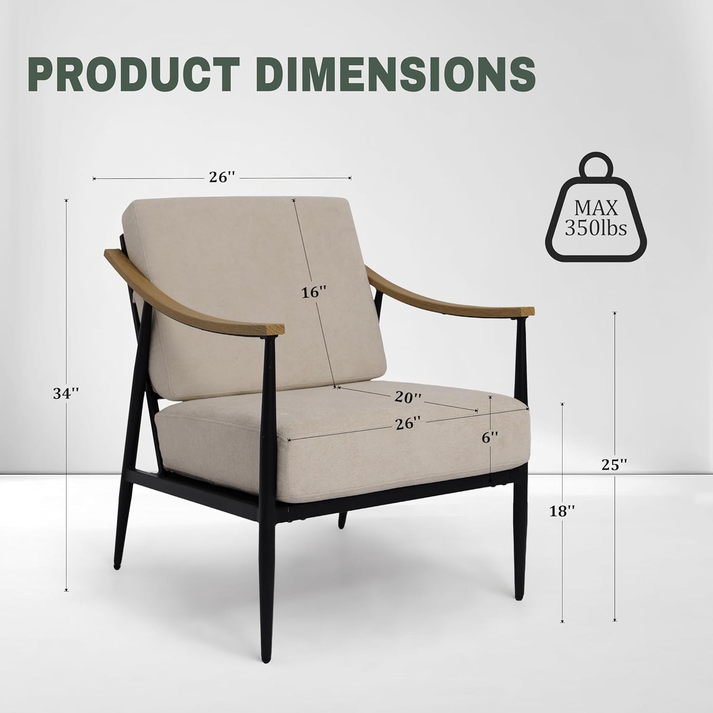 Modern Accent Chair for Living Room Bedroom Mid Century Arm Chair Upholstered Office Accent Chair Comfy Waiting Room Chair with Metal Frame, Beige