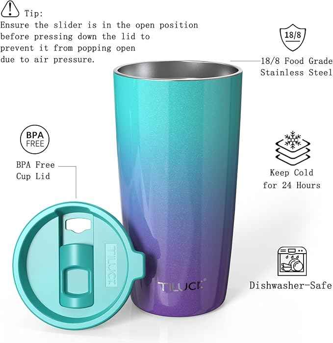 TILUCK 20 oz Insulated Tumbler with BPA-Free Lid, Stainless Steel Vacuum Travel Coffee Mug, Double Wall Coffee Tumbler（20oz，GlitterBluePurple）