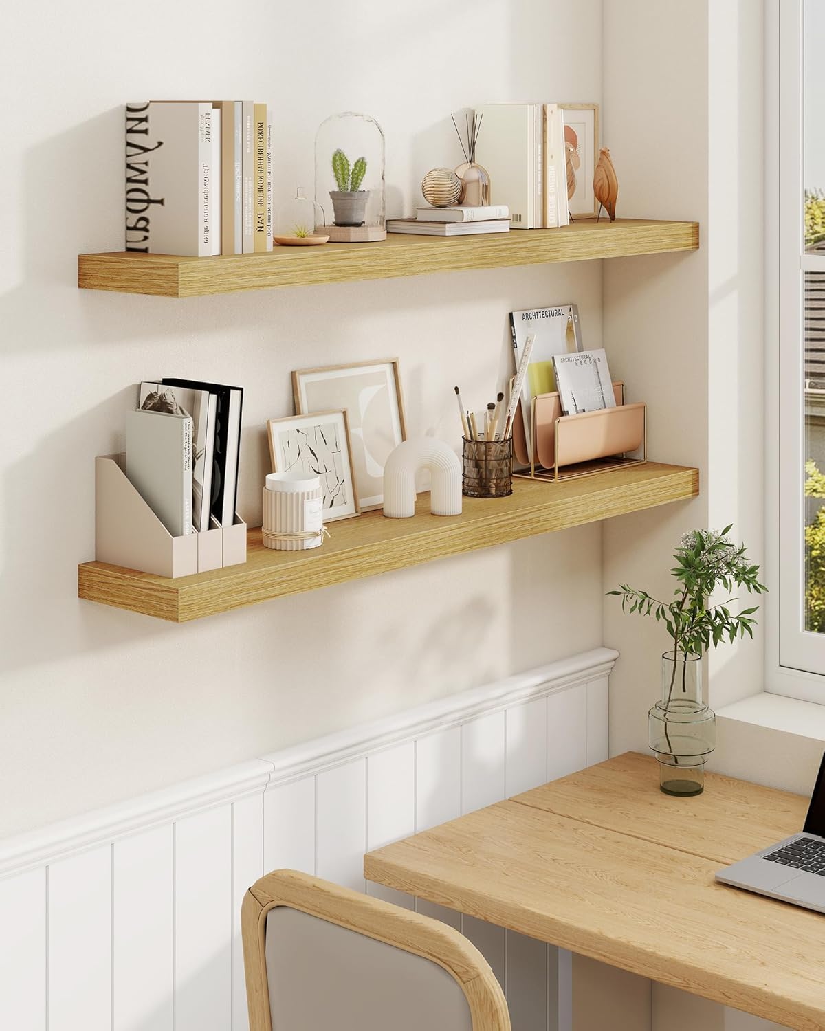 Marsmiles 31.5" Floating Shelves for Wall, Wooden Shelves with Invisible Brackets Set of 2, Rustic Farmhouse Wall Mounted Shelf for Kitchen Bathroom Living Room Study, Natural Oak