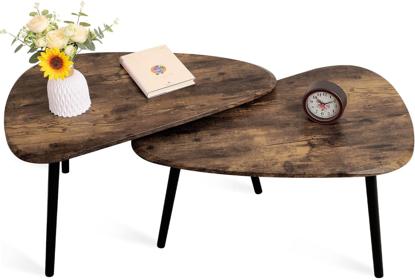 Nesting Coffee Tables, Nested Table with Wooden Legs Set of 2 - Triangle Side Table for Living Room, Bedroom, Minimalist Bamboo, Apartment & Small Spaces, Tiger