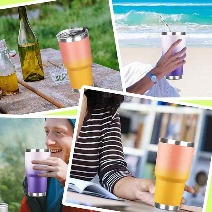 30 oz Tumbler with Lids and Straws Double Wall Vacuum Insulated Tumbler,Stainless Steel Leak-proof Tumbler Cup Powder Coated Travel Coffee Mug for Cold and Hot Drinks,Gardient Purple-Sunrise,2 pack