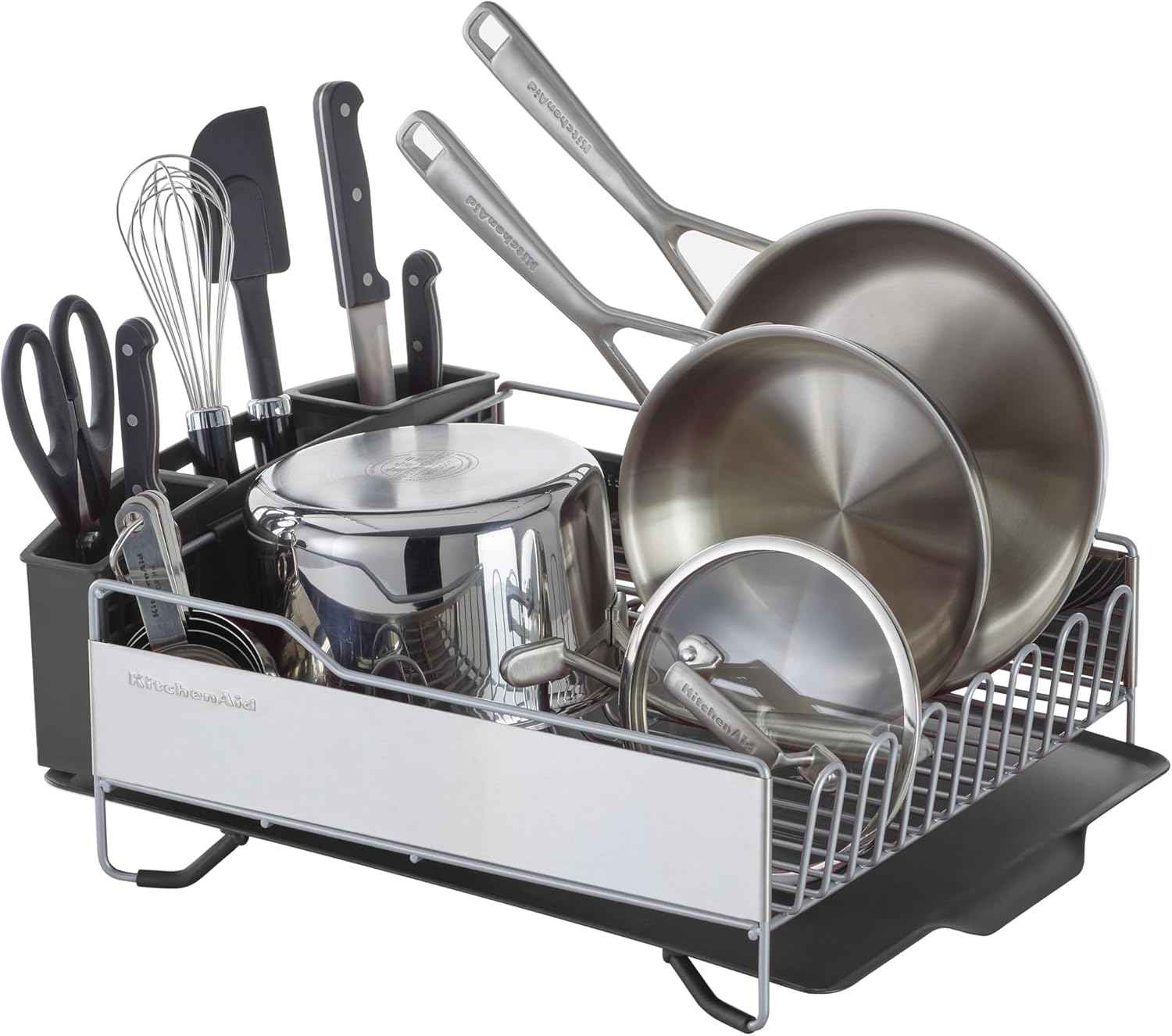 KitchenAid Large Capacity Full Size Rust Resistant Dish Rack with Angled Drain Board and Removable Flatware Caddy, Light Grey