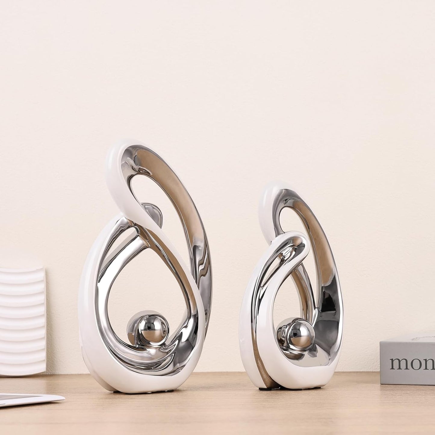 Abstract Ceramic Statue Set of 2, White and Silver Home Decor, Modern Art Living Room Decor, Room Accessories tv cabinets Bookshelves dividers Dining Table centerpieces, Foyer Entry Decor.