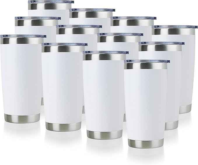 DOMICARE 20oz Stainless Steel Tumbler Bulk with Lid, Double Wall Vacuum Insulated Travel Mug, Powder Coated Coffee Cup, Powder White, 12 Pack