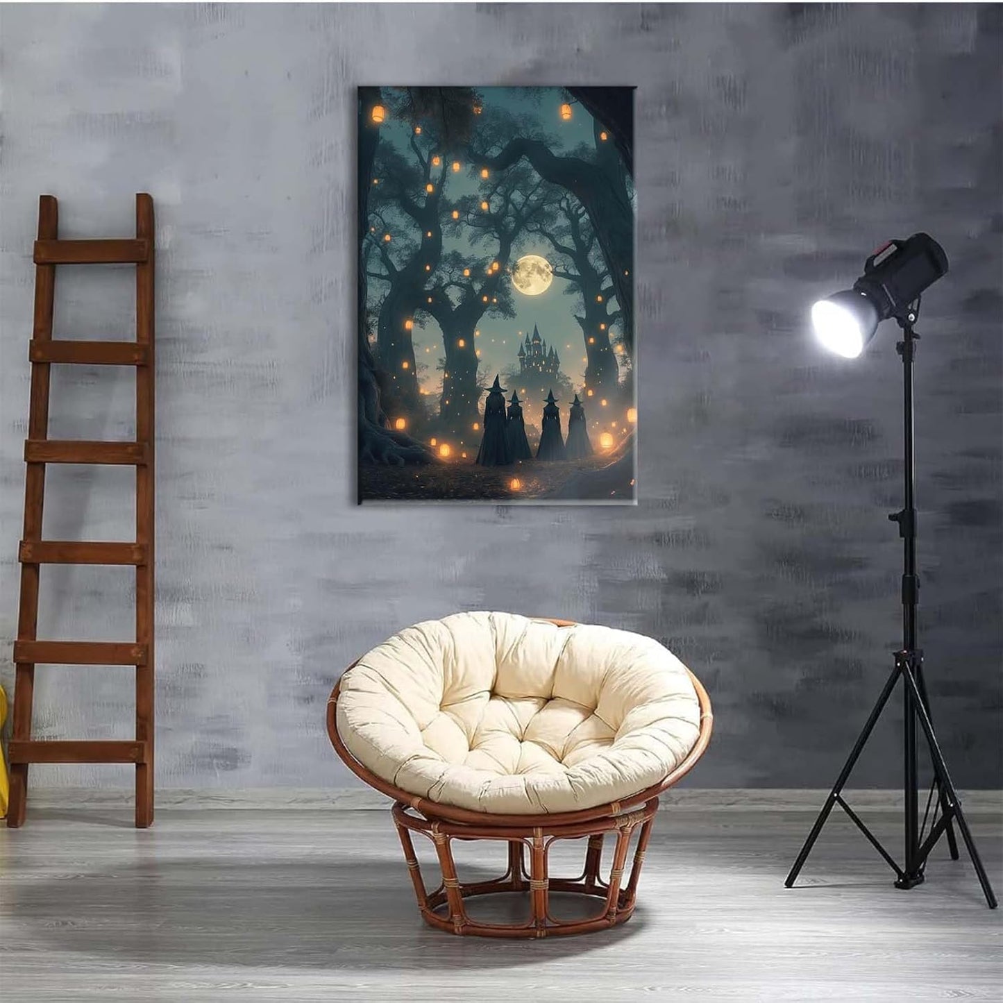 Mysterious creek painting witch and castle in magic forest art print canvas gothic print dark college decoration poster for home bedroom24x36in Wood Framed