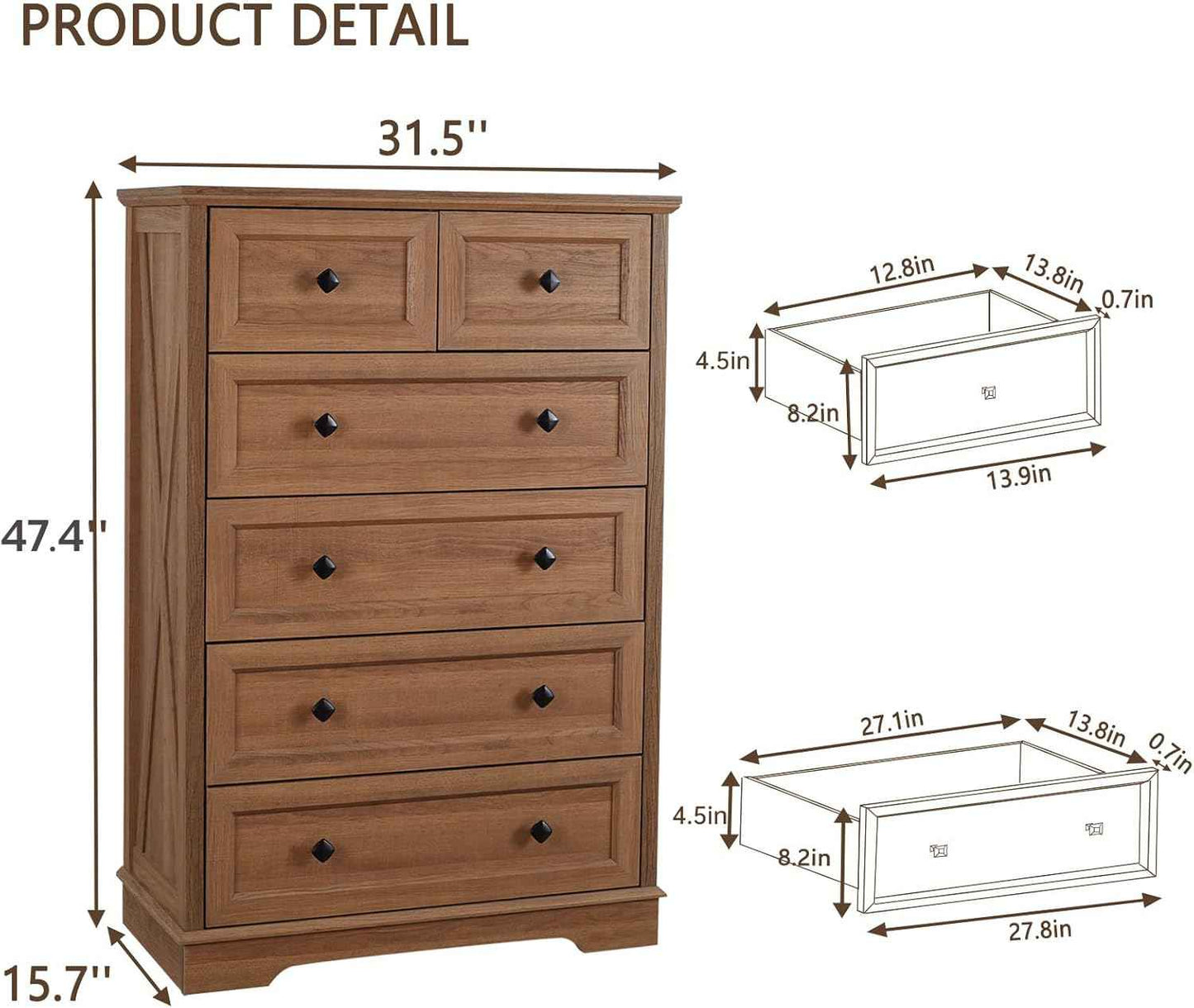 Farmhouse 6 Drawers Dresser Chests for Bedroom, Rustic 6 Chest of Drawers, Wood Dressers Organizer for Closet, Modern Storage Organizer Cabinet for Living Room, Hallway, Entryway, Natural Oak