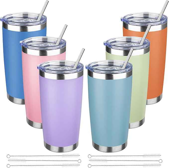 20 oz Tumbler with Lids and Straws, Stainless Steel Insulated Travel Coffee Mug, Double Wall Vacuum Insulated Tumblers, Powder Coated Coffee Tumbler for Cold & Hot Drinks (Mix Color-5, 6 Pack)