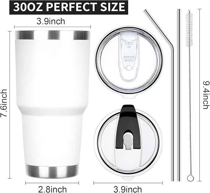 30 oz Tumbler with Lids and Straws Double Wall Insulated Tumbler Cup,Stainless Steel Leak-proof Thermal Coffee Tumbler Powder Coated Travel Mug for Cold and Hot Beverages,White