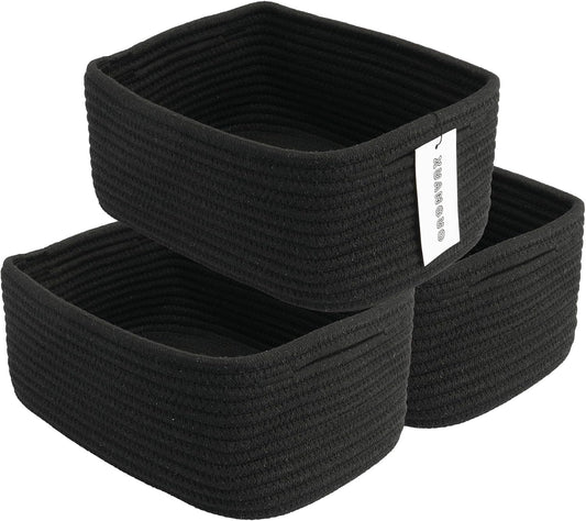 Small Woven Storage Baskets 12“X8”X5“ Decorative Rope Bins for Organizing Shelves, Closets, and Toys, Empty Gift Baskets, Cute Organizer Basket for Home and Office (black, regular)