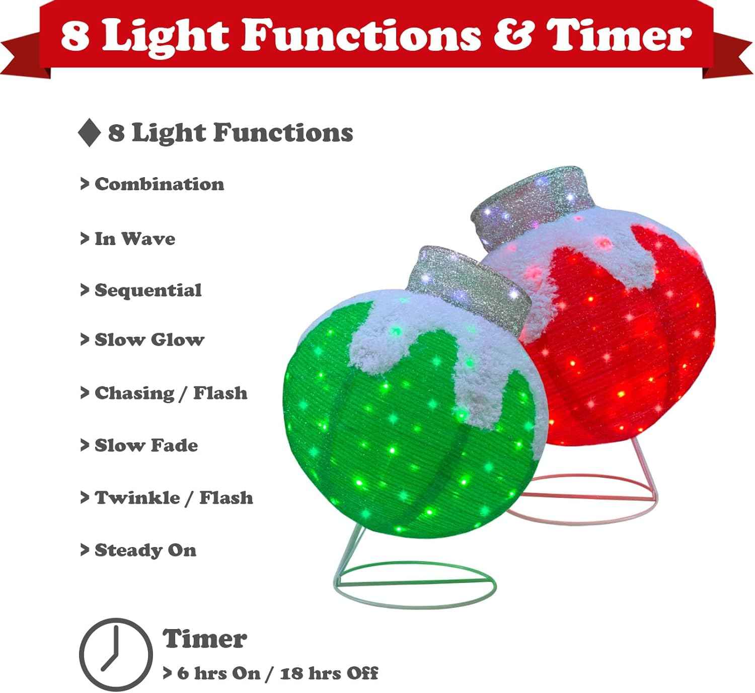 Outdoor Christmas Balls Lighted, 2pcs Pop-Up Christmas Ornaments Outdoor Decorations Prelit 160 Lights with 8 Flashing Effects, Collapsible Light Up Hanging Lantern Ball for Home Yard Decor-Red/Green