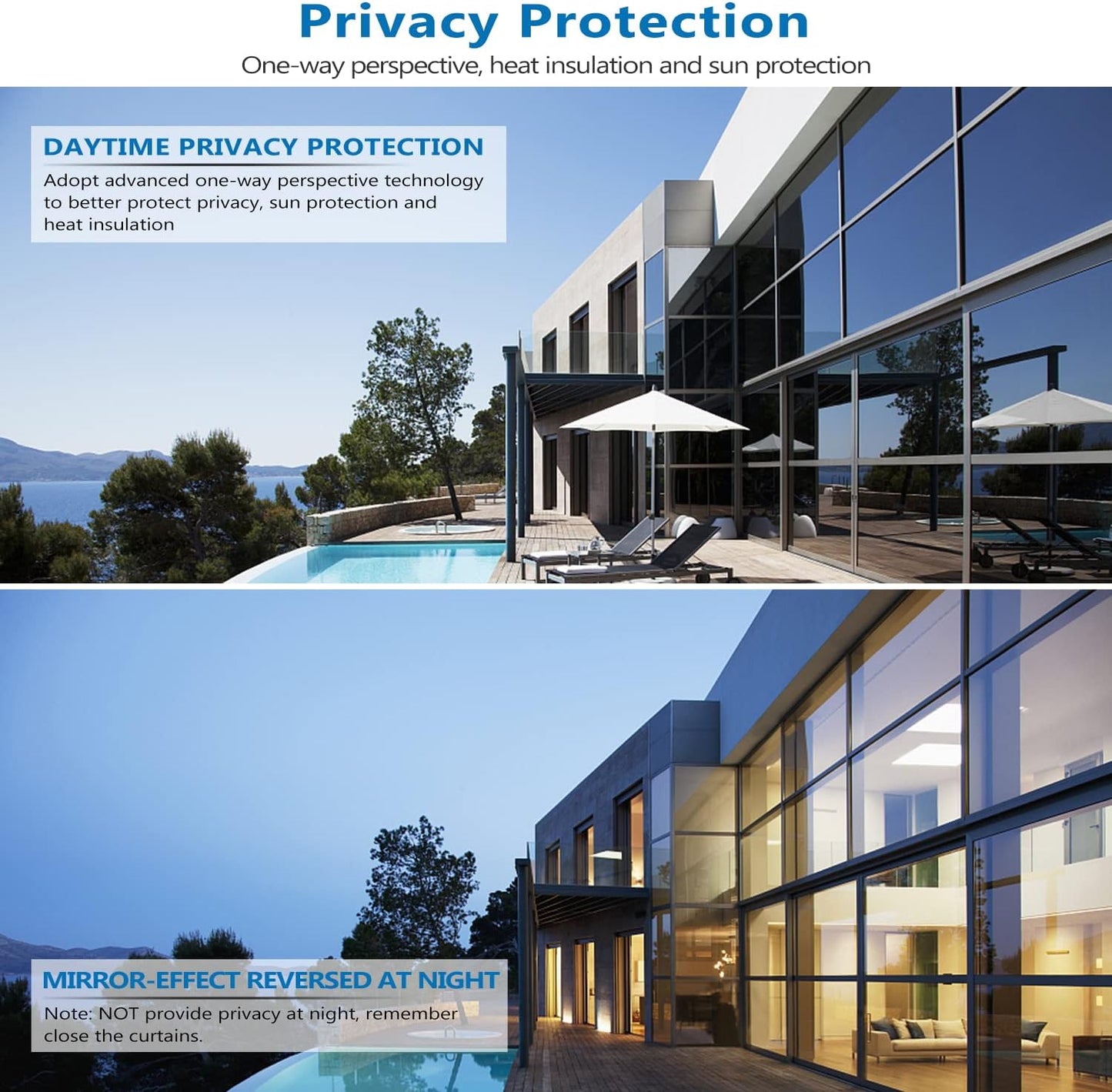 One Way Window Film Daytime Privacy Heat Control Window Film Anti UV Reflective Static Cling Film, Window Tint for Home and Office Black-Silver 35.4 x 78.7 Inch