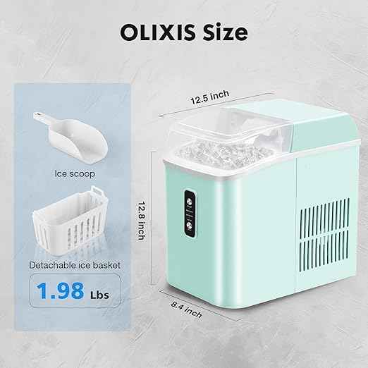 OLIXIS Nugget Ice Maker Countertop, Portable Ice Machine with 1.7L Water Tank, 26LBS/24H Fast Production, Auto-Cleaning & Quiet Operation, with Basket & Scoop, for Home Party Camping RV, Green