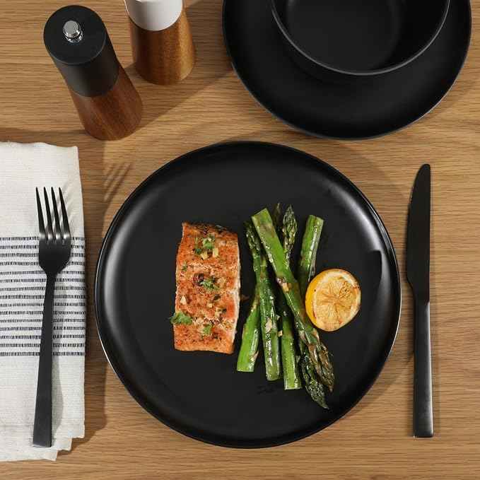 Gibson Home Fairhope 12-Piece Matte Black Melamine Dinnerware Set – Durable Lightweight Plates and Bowls, Kitchen Dining Set