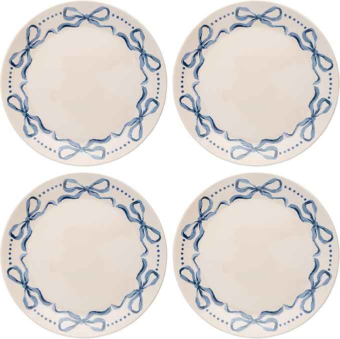 Karma, 8.75 inches Melamine Salad Plates Set of 4, Reusable Dishwasher Safe Plates for Outdoor and Indoor, Blue Bows