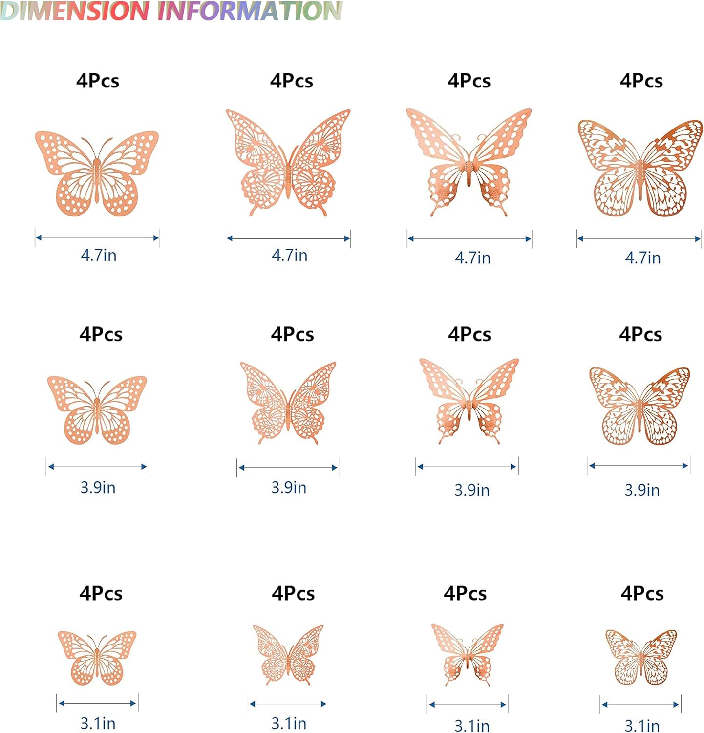 SAOROPEB 3D Butterfly Wall Decor, 48 Pcs 4 Styles 3 Sizes, Removable Metallic Wall Sticker Room Mural Decals for Kids Bedroom Nursery Classroom Party Decoration Wedding Decor DIY Gift (Rose Gold)