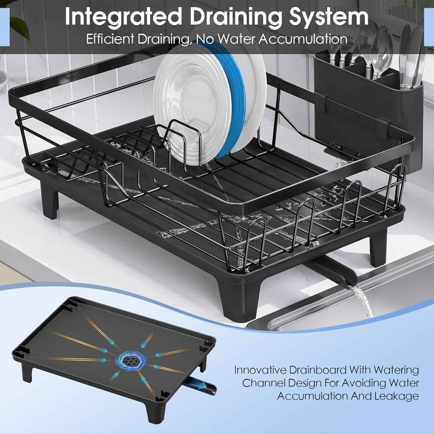 Urackify Dish Drying Rack for Kitchen Counter, Sink Dish Rack with Drainboard 12.2" W x 16.5" L, Large Dish Drainer with Cutlery Holder, Home Countertop Plate Dryer Storage Rack, Black