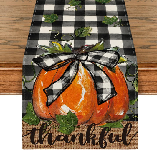 Artoid Mode Buffalo Plaid Bowknot Pumpkin Thankful Fall Table Runner, Autumn Thanksgiving Kitchen Dining Table Decoration for Home Party Decor 13x36 Inch