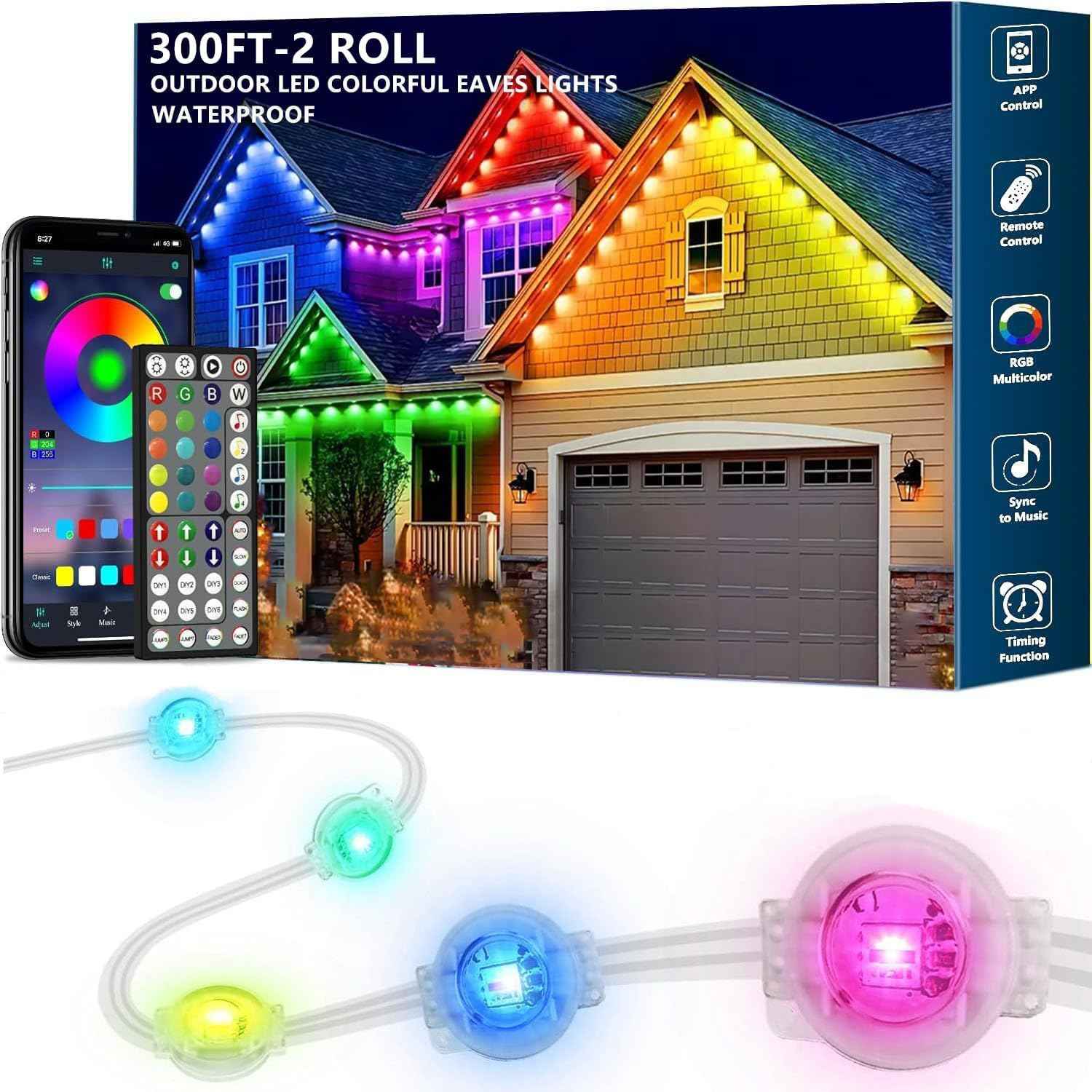 300FT Permanent Outdoor RGB Lights,IP67 Waterproof Smart LED Eaves Lights with App/Remote Control,for Christmas and All Holiday Decor,Daily and Accent Lighting,House Roof and Garden Lighting