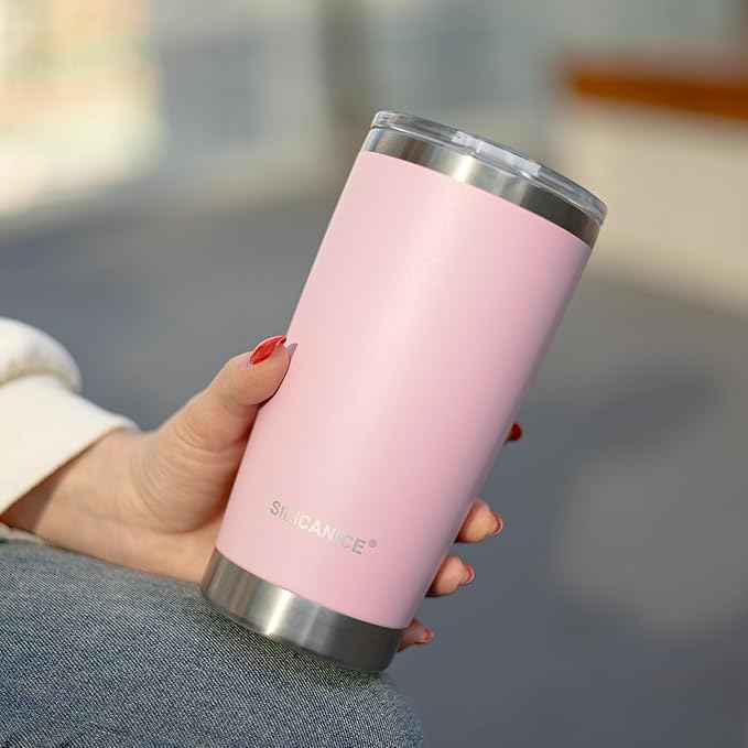 20oz Hygienic Stainless Steel Vacuum Insulated Tumbler w/ Easy-On/Easy-Off Lid - Removable slider, Double Wall 18/8 Travel Mug, BPA-Free, Fits Cup Holders, Premium Quality, Smart Value - Pink Sand
