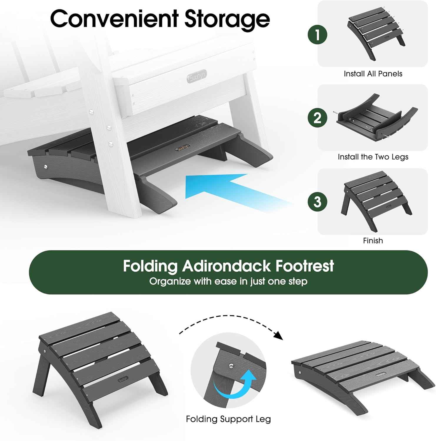 Adirondack Ottoman Footrest for Adirondack Chair, All-Weather HDPE Outdoor Foot Stool, Folding Patio Ottoman for Lawn, Garden, Deck, Backyard, Grey