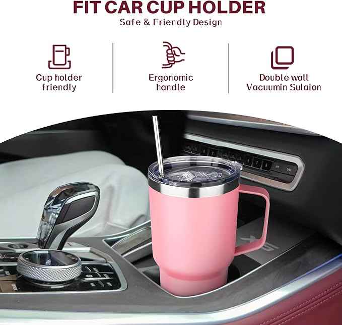 30 oz Stainless Steel Tumbler with Handle, Double Wall Vacuum Insulated Coffee Mug Tumbler with Lid and Straw, Thermal Cup for Cold and Hot (Pink)