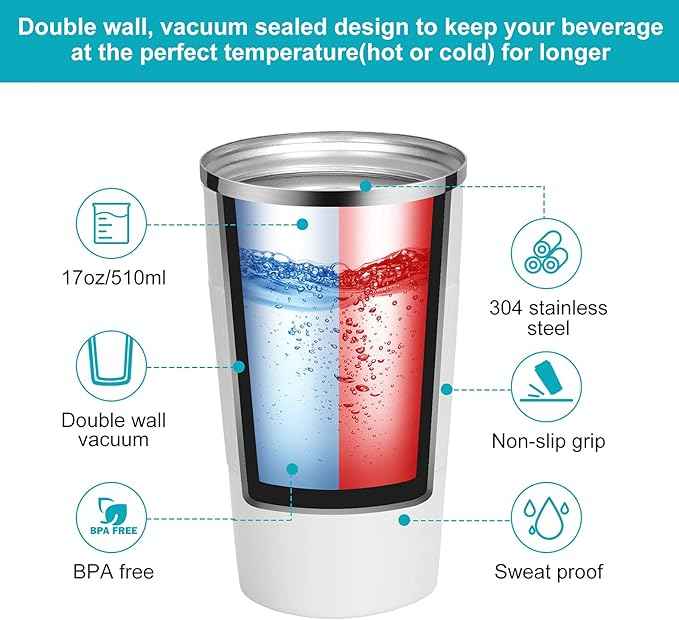 YINJAM 12oz Travel Coffee Mug Insulated Coffee Cups to Go with Leakproof Lid Vacuum Stainless Steel Double Walled Thermal Car Coffee Tumbler for Hot Cold Iced Tea Drinks Reusable (White, 12oz)