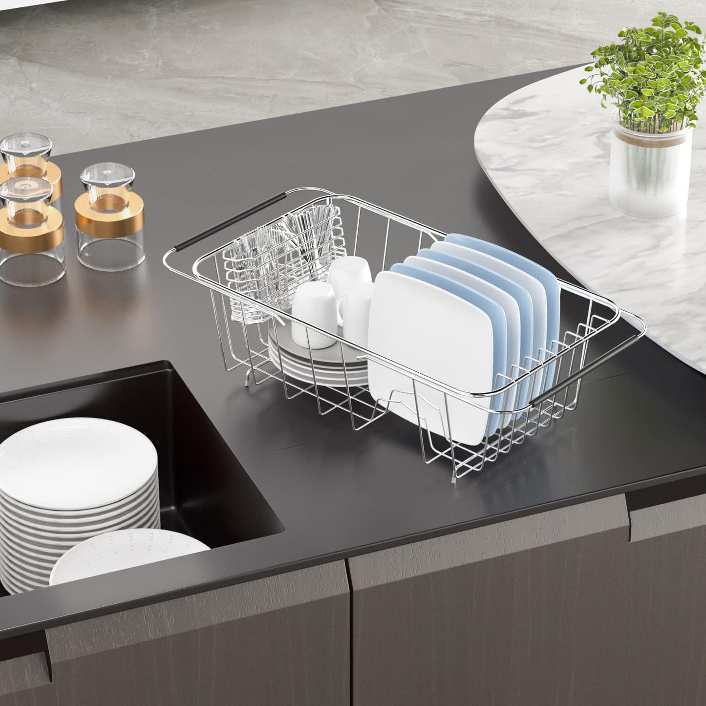 JAQ Over Sink Dish Drying Rack for Small Sink, Compact Expandable 14.25"–22.44", Adjustable 304 Stainless Steel Dish Drainer with Utensil Holder, Space Saving for Small Kitchen