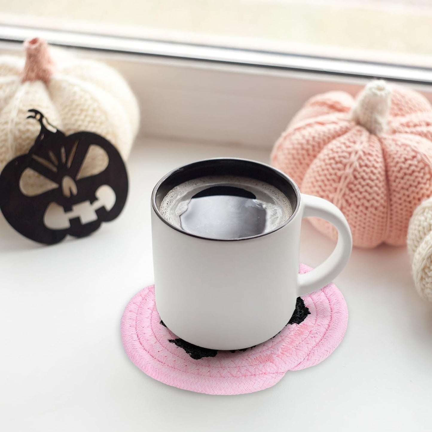 Whaline Halloween Pumpkin Cotton Coasters Colored Pumpkin Face Handmade Braided Drink Coasters Pink Purple Orange Absorbent Cup Mats for Trick or Treat Party Home Table Decor, Set of 4