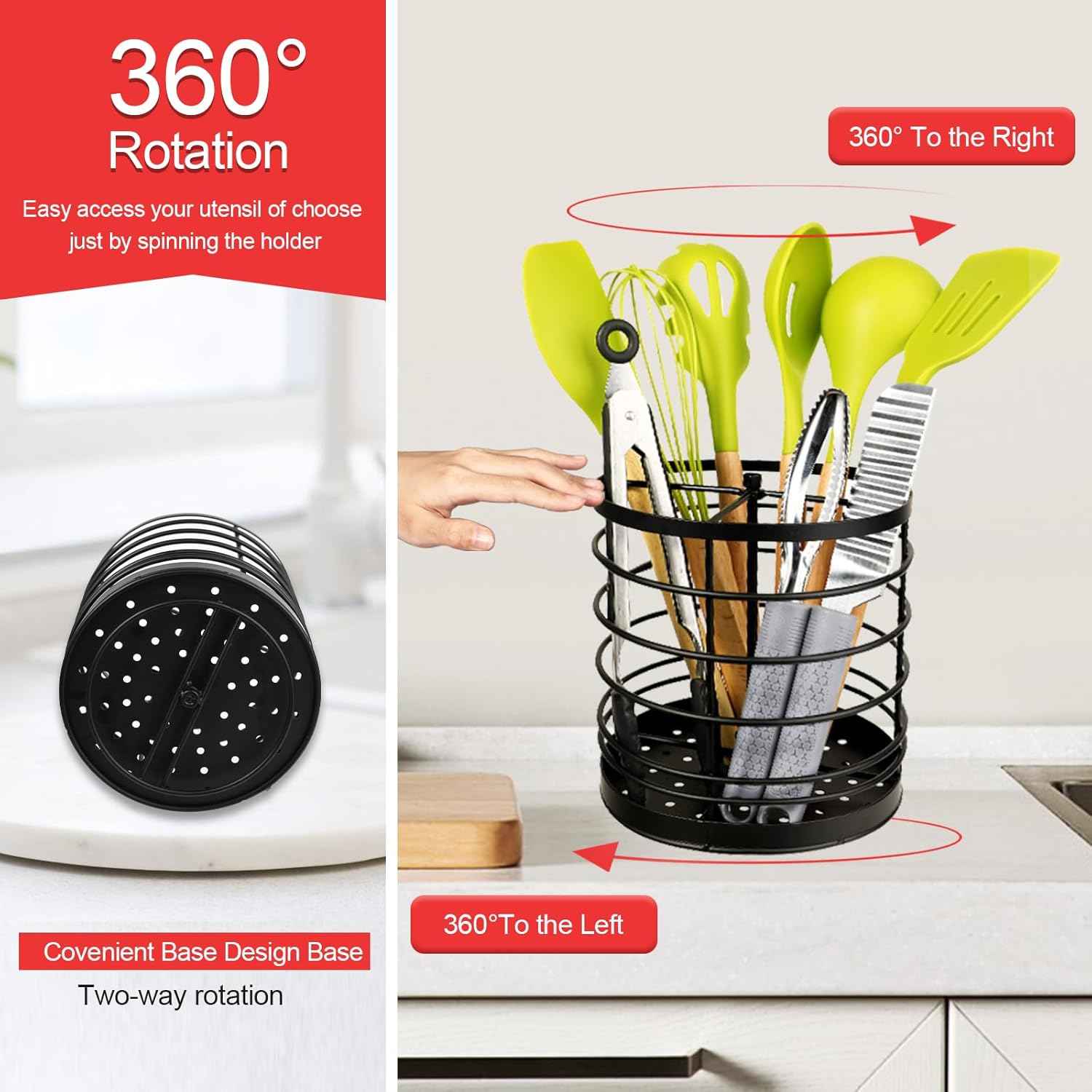 KOLUTI 360° Rotating Kitchen Utensil Holder Organizer, 7.2" x 7" Extra Large Cooking Tool Storage Round Caddy, Weighted Base with Drain Hole, Wire Metal Flatware Crock for Countertop, Paint Black