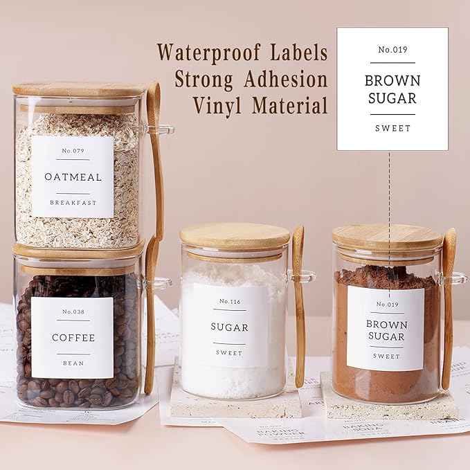 CZSZYGHBAO 6 Pack Glass Jars with Bamboo Lid and Spoons - 17Oz/27Oz Borosilicate Glass Jars with 132 Pantry Labels - for Coffee Beans, Tea, Sugar & More