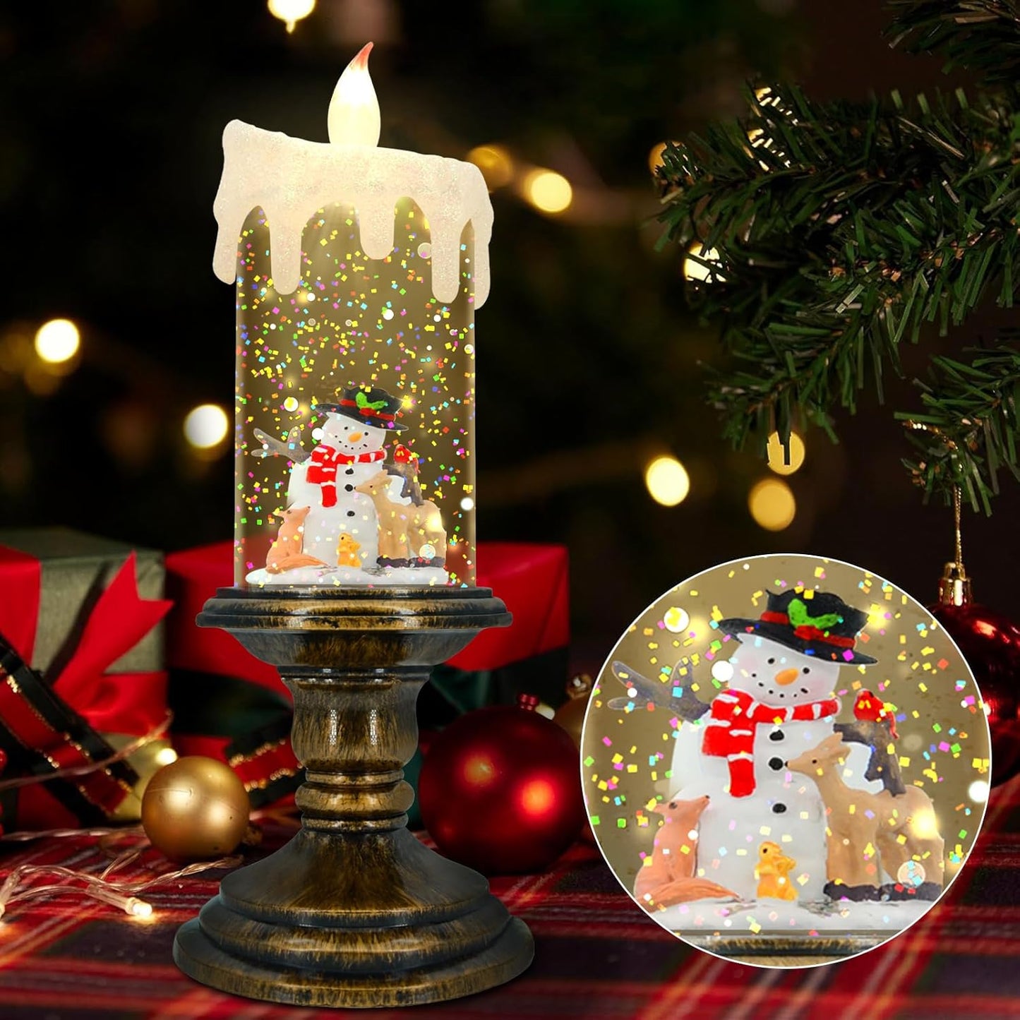 Christmas Flameless Candles, Flickering Flameless Candles with Timer, LED Candles Battery Operated, Snow Globe Candle Light for Christmas Decorations