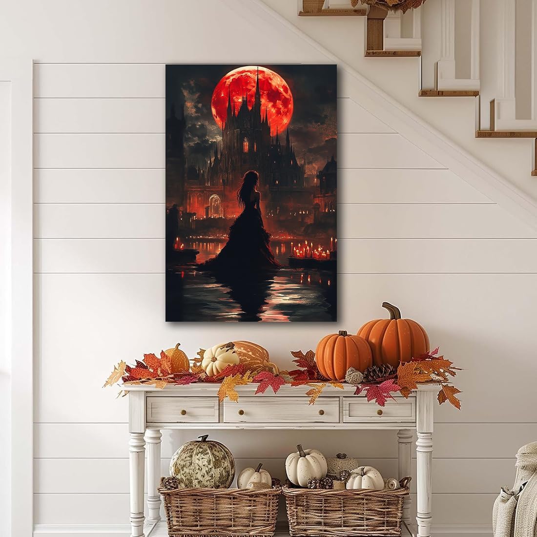 Halloween Witch Poster Canvas Prints Art Vintage Decor,Red Castle Blood Moon and Witch Scene Gothic Painting,Rustic Dark Academia Wall Art for Bathroom Spooky Living Room Wall Decor,20"x30" Framed