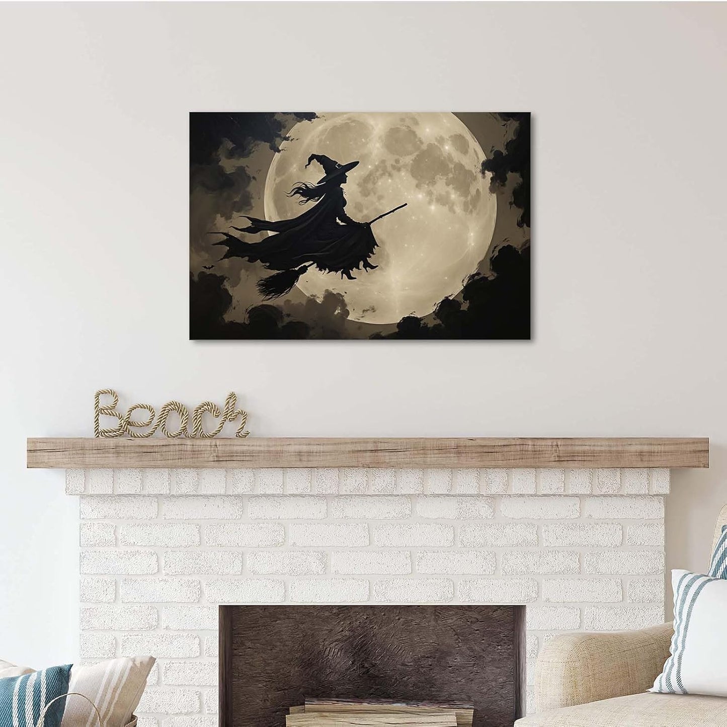 JFHCQJPK Full moon witch silhouette poster witch on magic broom Halloween mural poster decorative mural art suitable for home living room bedroom16x24in Frameless