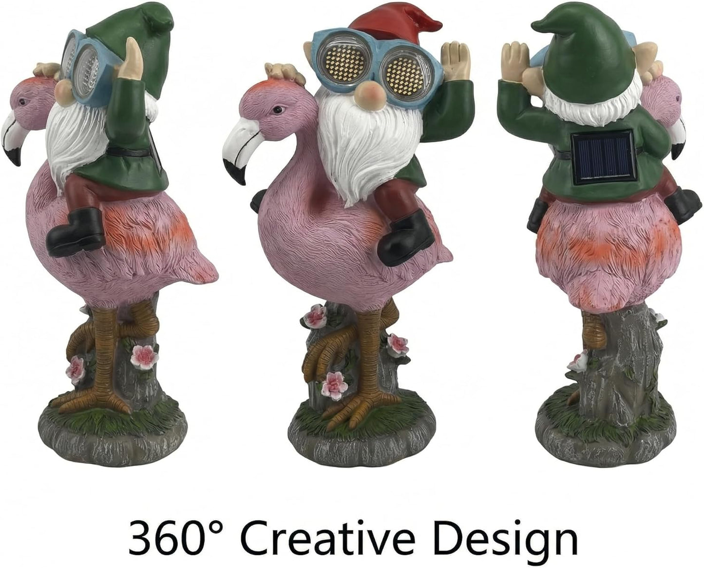 iStatue Solar Flamingo Gnome Garden Statue with Blinking LED Goggles, Funny Solar Garden Decor Outdoor Lawn Ornament Unique Birthday Gifts for Mom Women Dad Men (Multicolor)