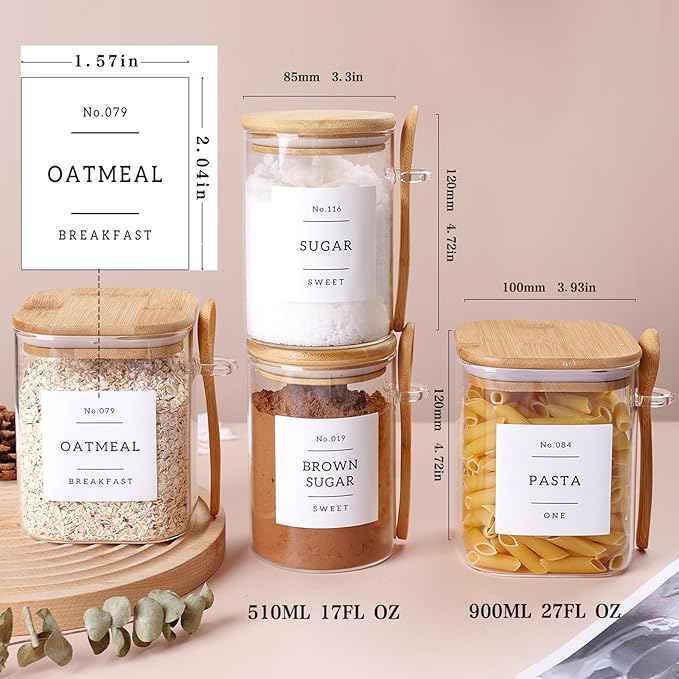 CZSZYGHBAO 6 Pack Glass Jars with Bamboo Lid and Spoons - 17Oz/27Oz Borosilicate Glass Jars with 132 Pantry Labels - for Coffee Beans, Tea, Sugar & More