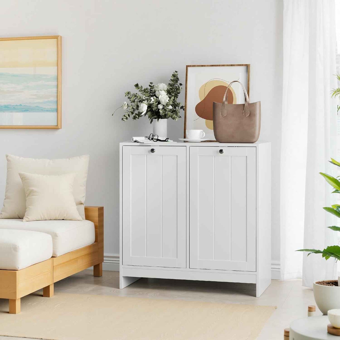 Tilt-Out Double Laundry Hamper Cabinet, White, 26.8" H x 26" W x 12" D, 5.9 Gal Capacity, MDF Construction.